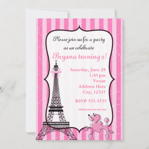 Poodle in Paris Pink Striped Eiffel Tower Chic Invitation