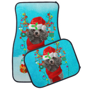 Poodle in snow with Christmas gifts Car Floor Mat