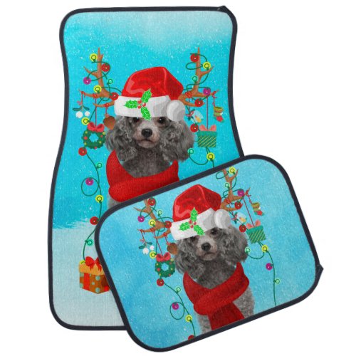 Poodle in snow with Christmas gifts  Car Floor Mat