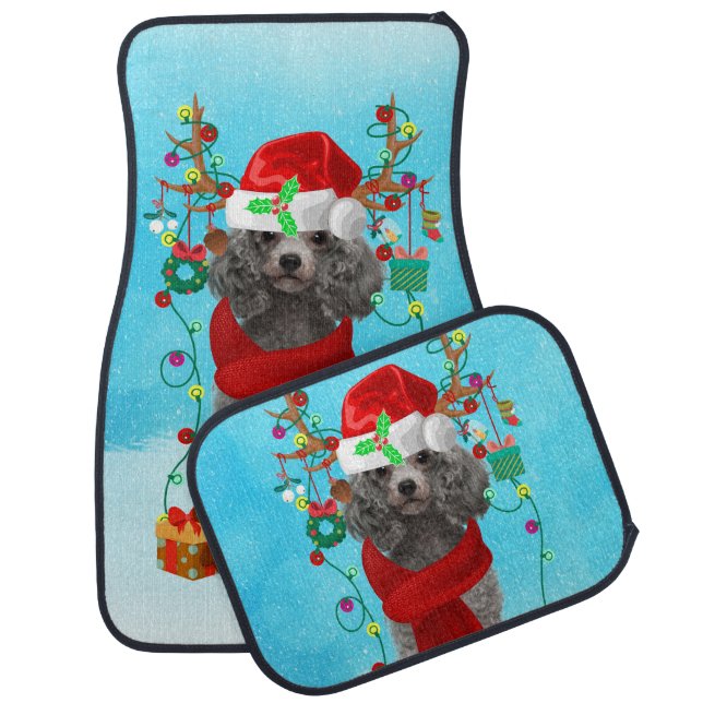 Poodle in snow with Christmas gifts  Car Floor Mat (Set)