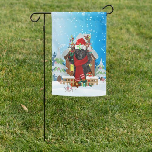 Poodle in snow with Christmas gifts  Garden Flag