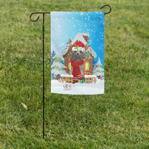 Poodle in snow with Christmas gifts  Garden Flag