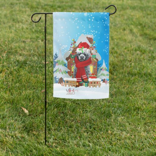 Poodle in snow with Christmas gifts  Garden Flag