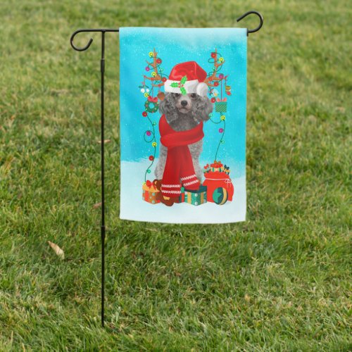 Poodle in snow with Christmas gifts Garden Flag