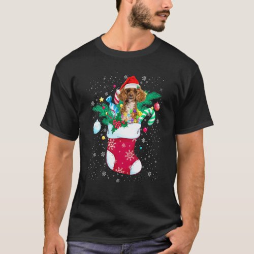 Poodle In Sock Funny Christmas Lights Pajama Santa T-Shirt