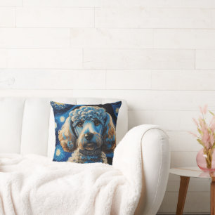 Poodle in Starry Night Throw Pillow