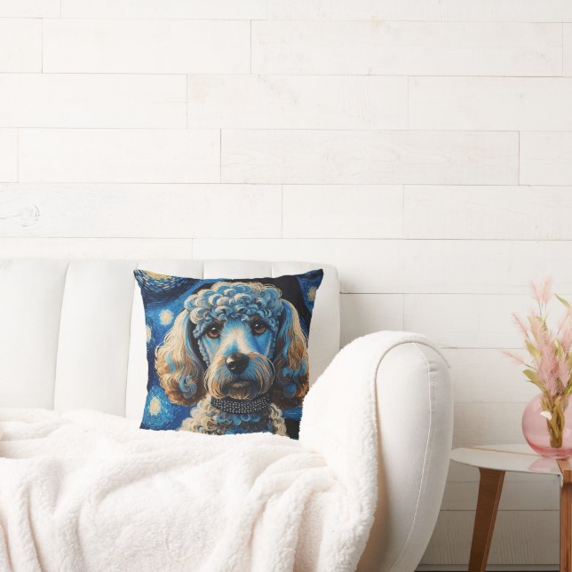 Poodle in Starry Night Throw Pillow (Couch)