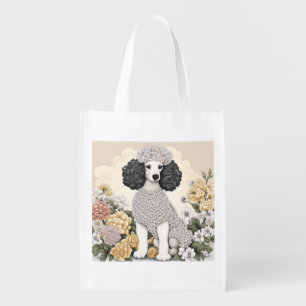 Poodle in Whimsical Flowers Grocery Bag