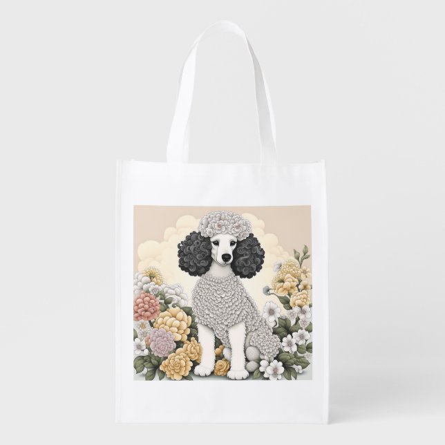 Poodle in Whimsical Flowers  Grocery Bag (Front)