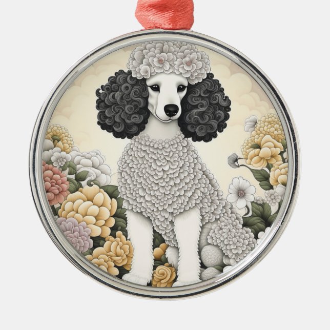 Poodle in Whimsical Flowers  Metal Ornament (Front)