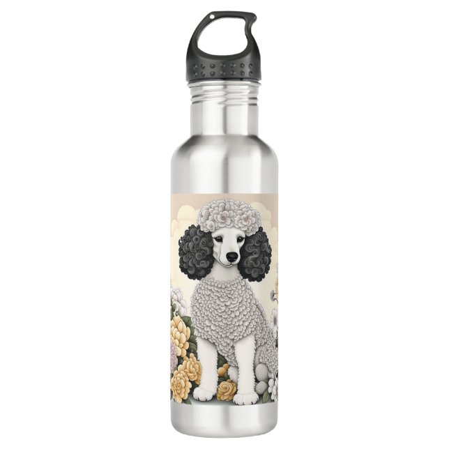Poodle in Whimsical Flowers  Stainless Steel Water Bottle (Front)