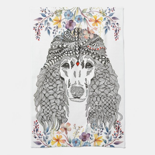 Poodle Lover Floral Kitchen Towel (Vertical)