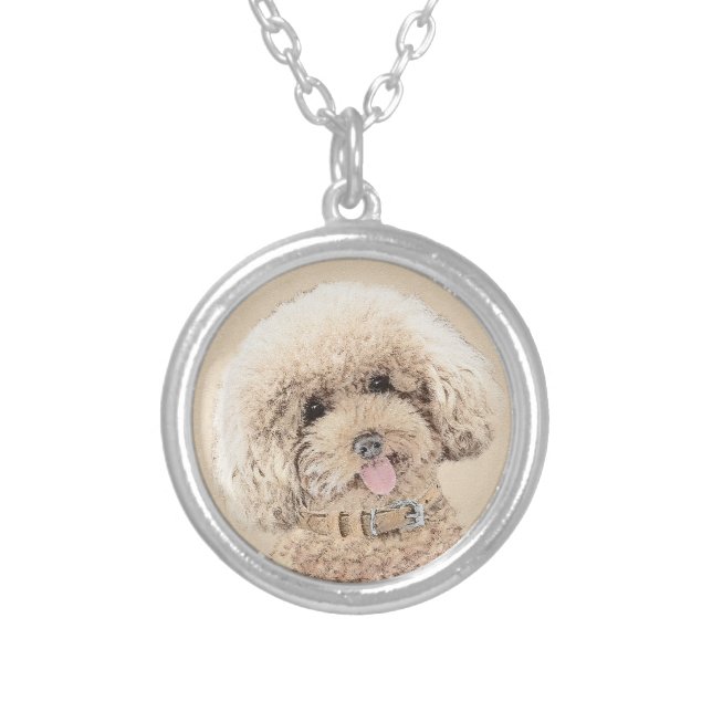 Poodle Miniature Toy Apricot Cream Brown Dog Art Silver Plated Necklace (Front)