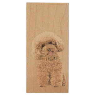Poodle Miniature Toy Apricot Cream Brown Dog Art Wood Flash Drive