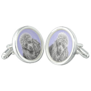 Poodle Miniature Toy Silver Gray Blue Dog Art Cufflinks