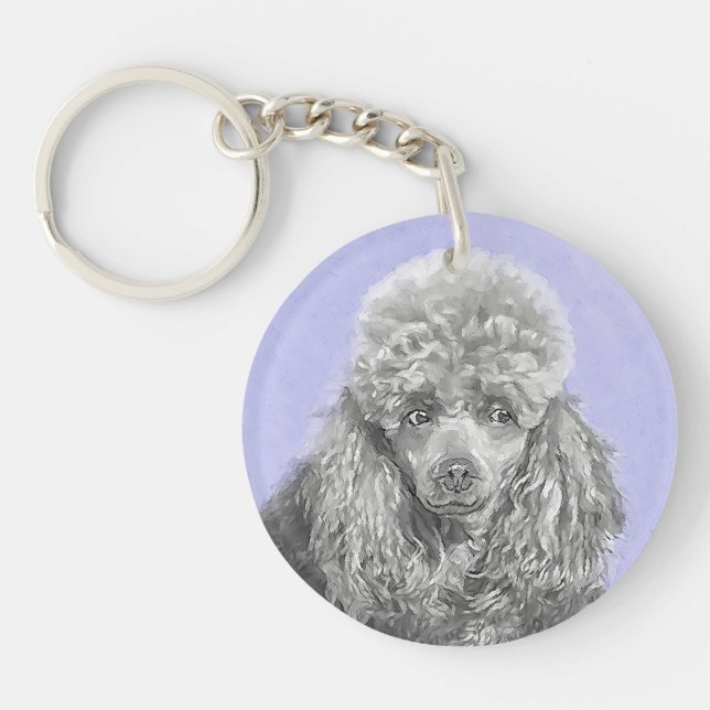 Poodle Miniature Toy Silver Gray Blue Dog Art Keychain (Front)
