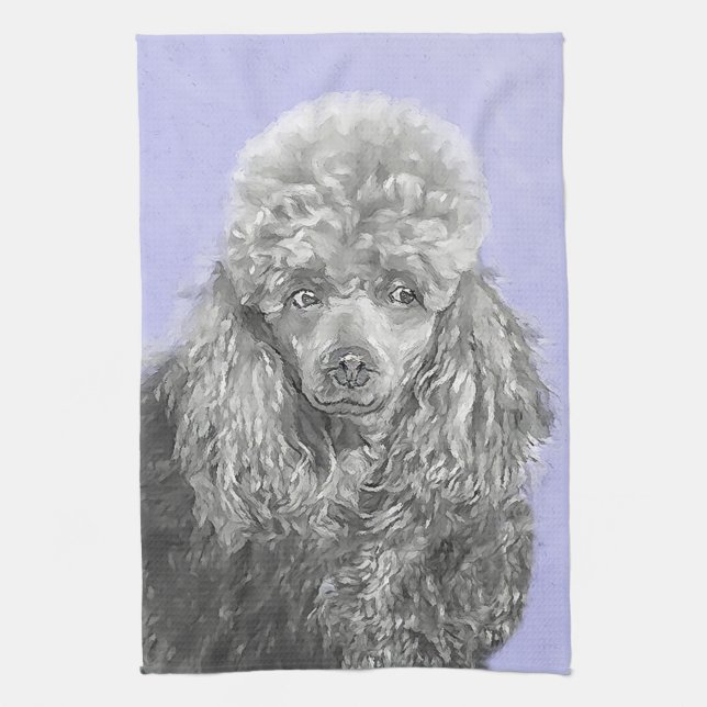 Poodle Miniature Toy Silver Gray Blue Dog Art Kitchen Towel (Vertical)
