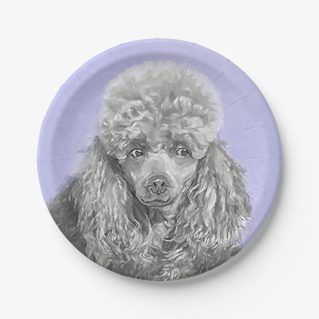 Poodle Miniature Toy Silver Gray Blue Dog Art Paper Plates (Front)