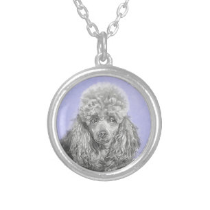 Poodle Miniature Toy Silver Gray Blue Dog Art Plated Necklace