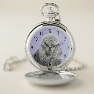 Poodle Miniature Toy Silver Gray Blue Dog Art Pocket Watch