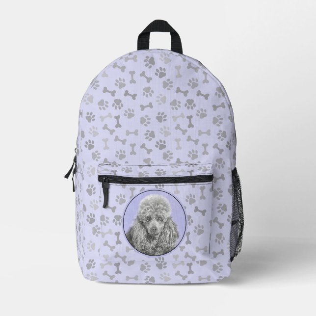 Poodle Miniature Toy Silver Gray Blue Dog Art Printed Backpack (Front)