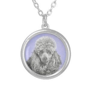 Poodle Miniature Toy Silver Gray Blue Dog Art Silver Plated Necklace