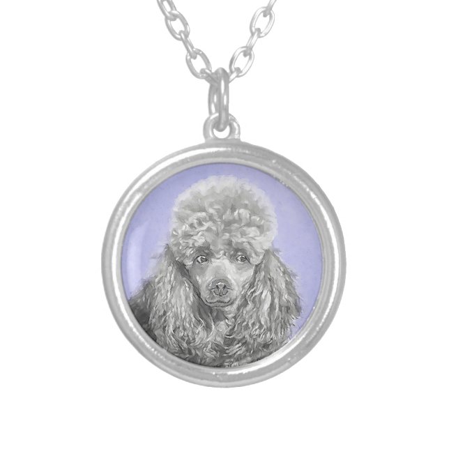 Poodle Miniature Toy Silver Gray Blue Dog Art Silver Plated Necklace (Front)
