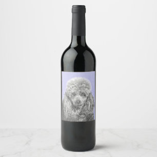 Poodle Miniature Toy Silver Gray Blue Dog Art Wine Label