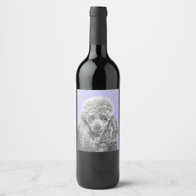 Poodle Miniature Toy Silver Gray Blue Dog Art Wine Label (Front)