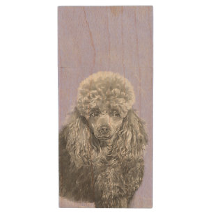 Poodle Miniature Toy Silver Gray Blue Dog Art Wood Flash Drive