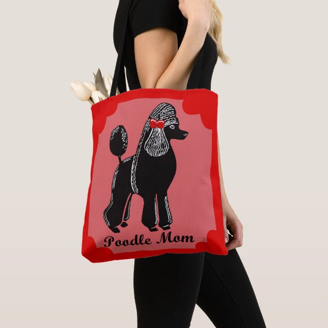 Poodle Mom Pink, Red, and Black Tote Bag (Close Up)