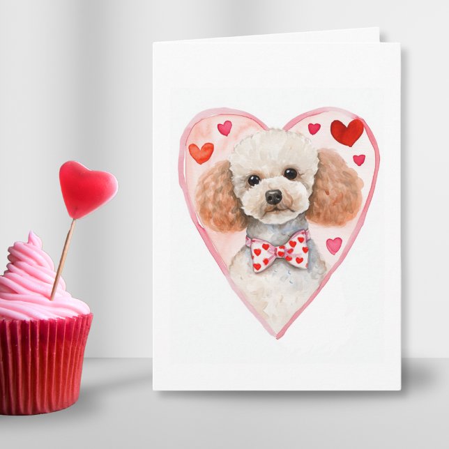 Poodle Mom Valentines Day Dog Love Heart Pink Red  Holiday Card (Poodle heart Valentines day watercolor folded card for cute dog mom parent or custom in love gift )