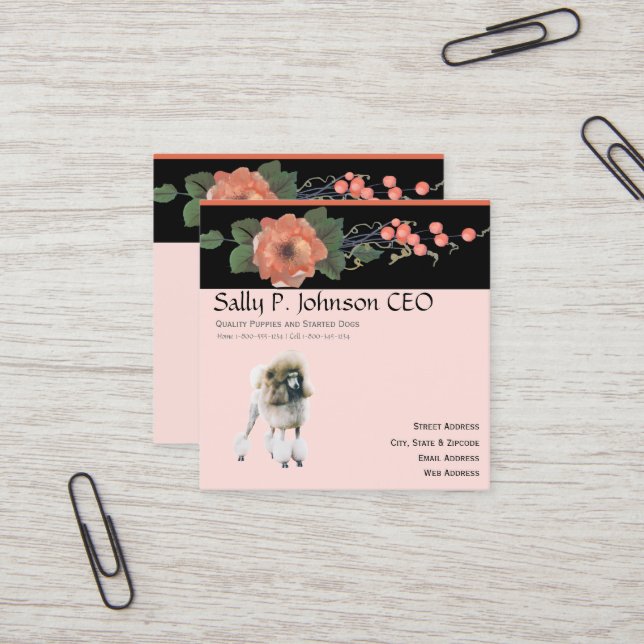 Poodle on Black Melon Floral Square Business Card (Front/Back In Situ)