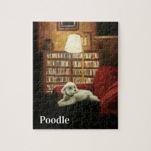 Poodle on Chair Pet Portrait with Text Jigsaw Puzzle