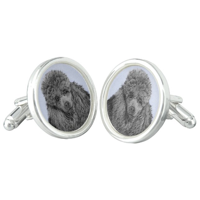Poodle Painting Miniature Toy Black Original Art Cufflinks (Angled)