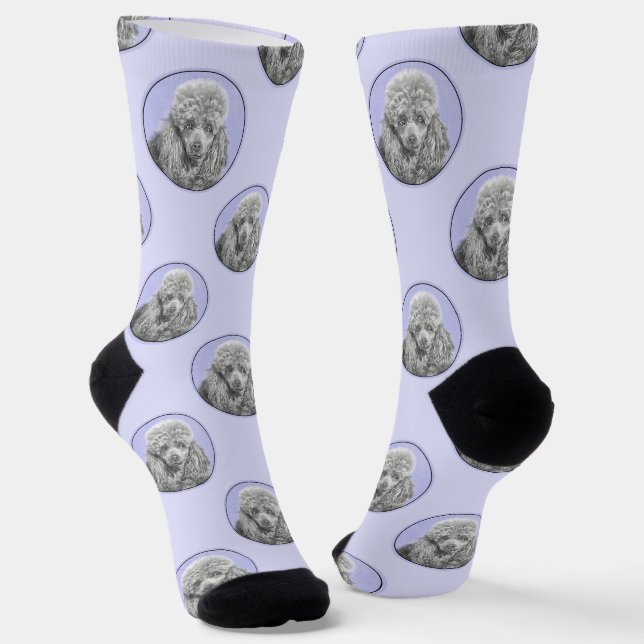 Poodle Painting Miniature Toy Silver Grey Dog Art Socks (Angled)