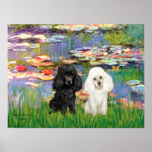 Poodle Pair Black  White _ Lilies 2 Poster