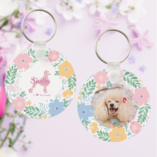 Poodle Pastel Pink Silhouette with Flower Wreath Keychain (Creator Uploaded)