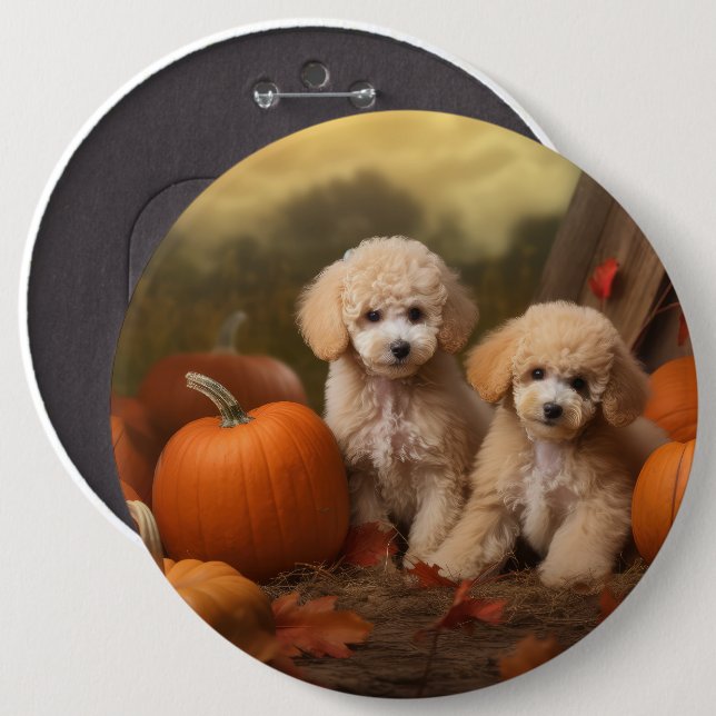 Poodle Puppy Autumn Delight Pumpkin Button (Front & Back)