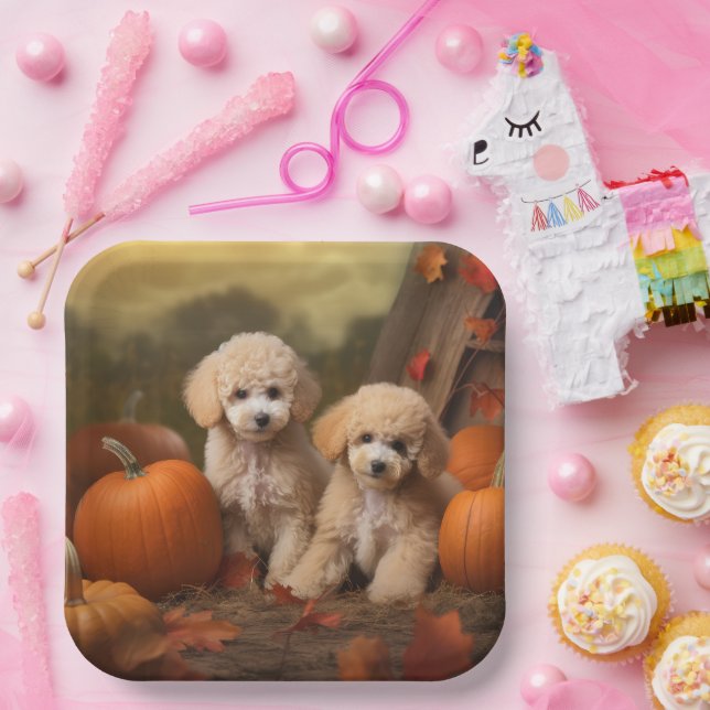 Poodle Puppy Autumn Delight Pumpkin Paper Plates (Party)
