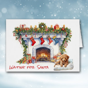 Poodle Puppy Waiting on Santa Christmas Fireplace Cards