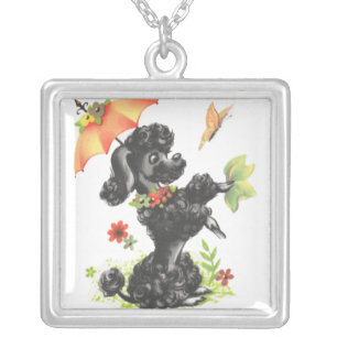 poodle puppy with umbrella silver plated necklace