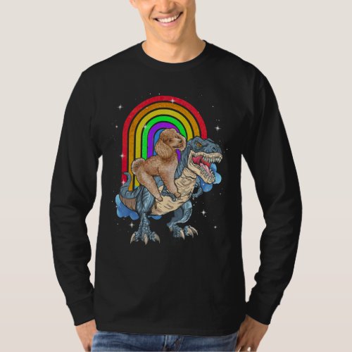 Poodle Riding Dinosaur T rex Rainbow T_Shirt