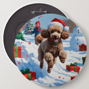 Poodle Running in Snow with Christmas Hat Button