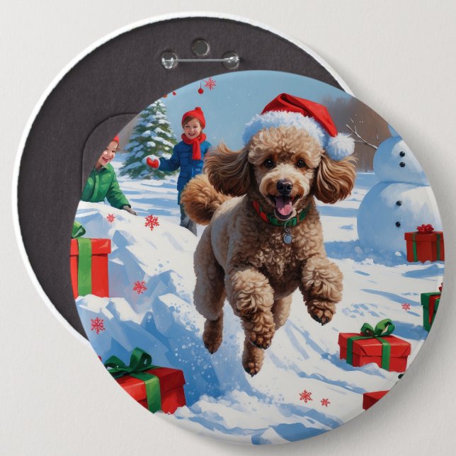Poodle Running in Snow with Christmas Hat Button (Front & Back)