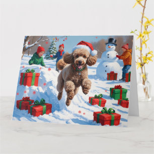 Poodle Running in Snow with Christmas Hat Card