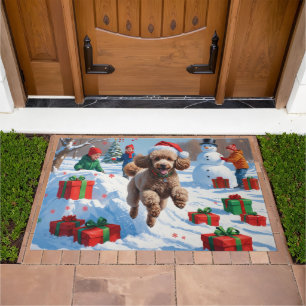 Poodle Running in Snow with Christmas Hat Doormat