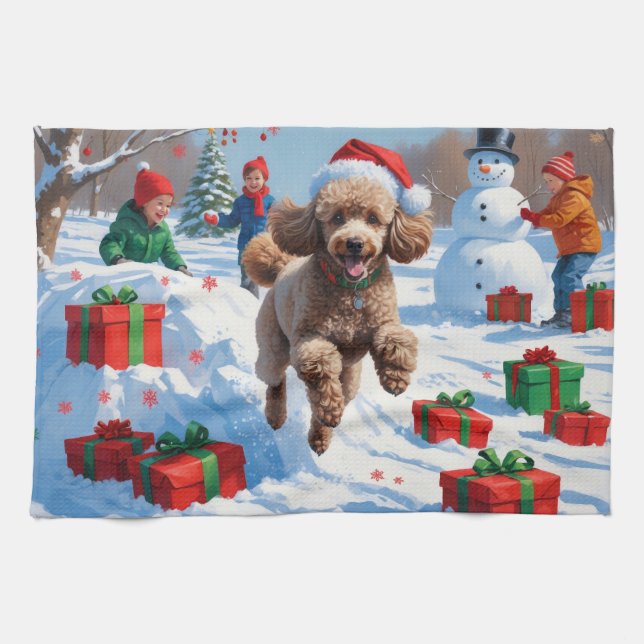 Poodle Running in Snow with Christmas Hat Kitchen Towel (Horizontal)