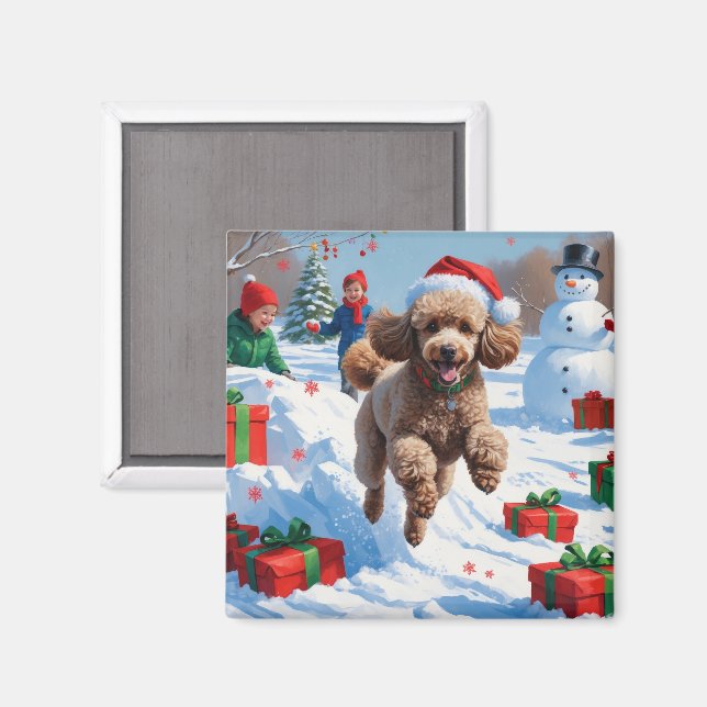 Poodle Running in Snow with Christmas Hat Magnet (Front/Back)