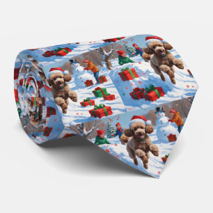 Poodle Running in Snow with Christmas Hat Neck Tie